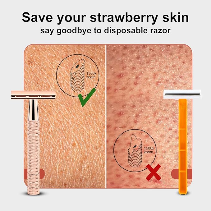 Rose Gold Double Edge Safety Razor, Single Blade Razors for Women, with 10 Platinum Coated Safety Razor Blades, 1 Blade Razors, Anti-slip Handle, Metal Material, Reusable, Eco-friendly, Smooth Shaving