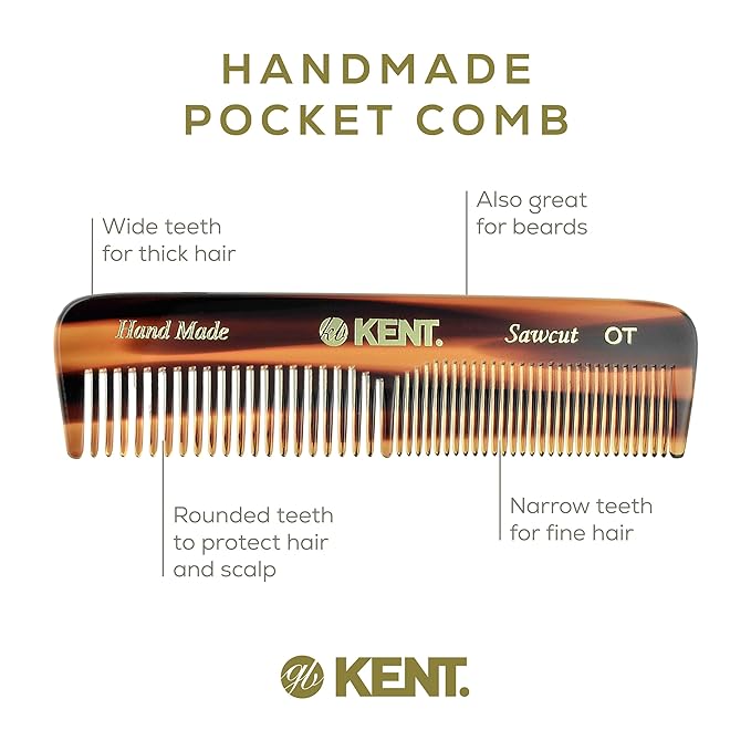 Kent OT Pocket Comb Set - 4.4" Fine Tooth and Wide Tooth Handmade Hair Combs for Men, Women, and Kids - Travel, Beard, and Mustache Grooming Combs, Saw Cut and Hand Polished