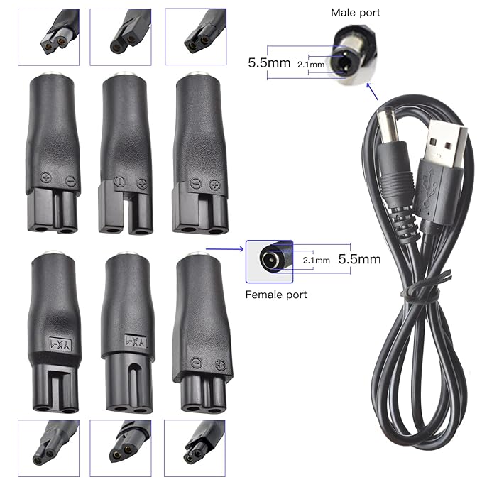 7 PCS Power Cord 5V Replacement Charger USB Adapter Suitable for Electric Hair Clippers, Beard Trimmers, Shavers, Beauty Instruments, Desk Lamps, Purifiers.