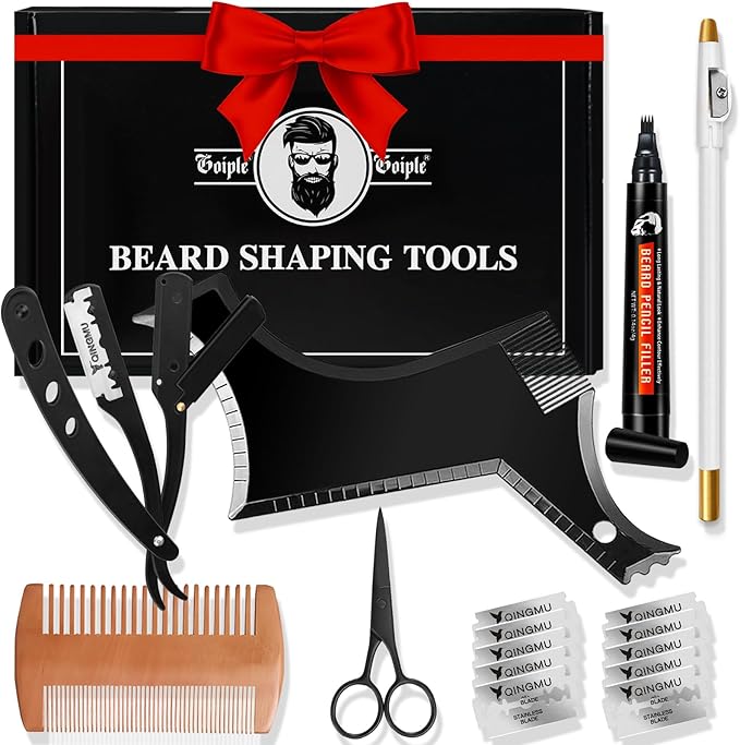 Beard Shaper for Men Beard Shaping Tools - Gifts for Men Beard Template Guide, Straight Edge Razor, 10 PCS Double Edge Blade, Barber Pencil, Beard Comb, Stainless Steel Scissor Mustache Lineup Tools