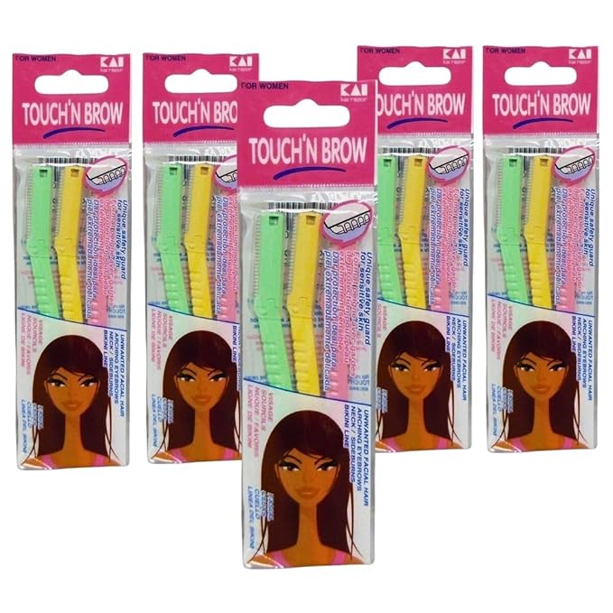 Kai Touch n Brow Eyebrow Razor for Women, 3 Count (Pack of 5), Facial Razor & Dermaplaning Tool with Safety Guard, Peach Fuzz Remover & Precision Brow Trimmer