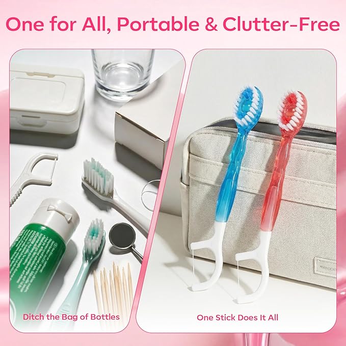 FAMILIFE Travel Toothbrush - 5 in 1 Mini Disposable Toothbrush with Toothpaste, Floss Picks & Tongue Scraper, Individually Wrapped Prepasted Brush for Weekend, Business Trip & Camping (Peach, 24pcs)