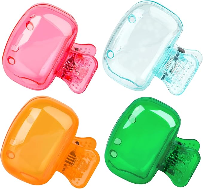 4 Pack Travel Toothbrush Head Covers Toothbrush Protector Cap Brush Pod Case Protective Portable Plastic Clip for Household Travel, Bathroom, School, Camping, Business (Green, Teal, Orange, Pink)