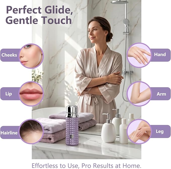 Painless Facial Hair Removal for Women, Electric Face Shaver, Portable Peach Fuzz Trimmer for Lip, Chin & Cheeks, USB-C Rechargeable 90 Mins Cordless Shaver, Gentle for Sensitive Skin (Purple)