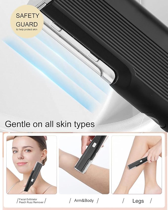 Electric Facial Exfoliator for Women, 2 Speed Vibrate Dermaplaning Face Razor for Peach Fuzz,Exfoliation & Body Hair Removal with 6 Replace Blades - Safety Micro-Guards (Black)