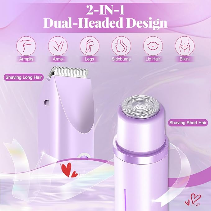 Bikini Trimmer for Women, 2-in-1 Painless Electric Razor with Ceramic Blade, Cordless for Sensitive Skin, Waterproof Dual Head Shaver Women for Facial and Body (Purple)