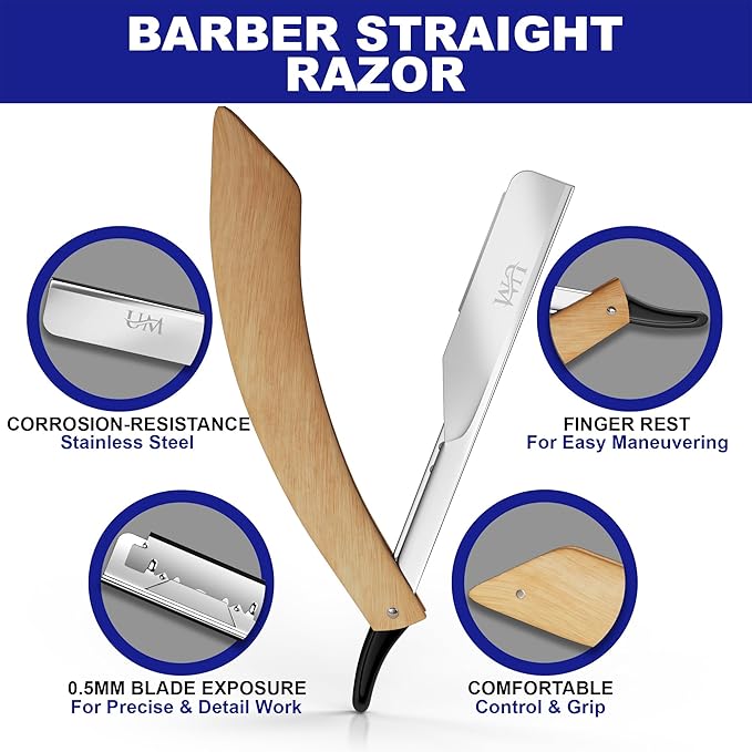 UM Supplies Straight Razors for Men – Professional Barber Straight Edge Razor Kit with 10 Replaceable Insert Single Edge Blades - Navajas Para Barbero (Curved Wooden Handle)