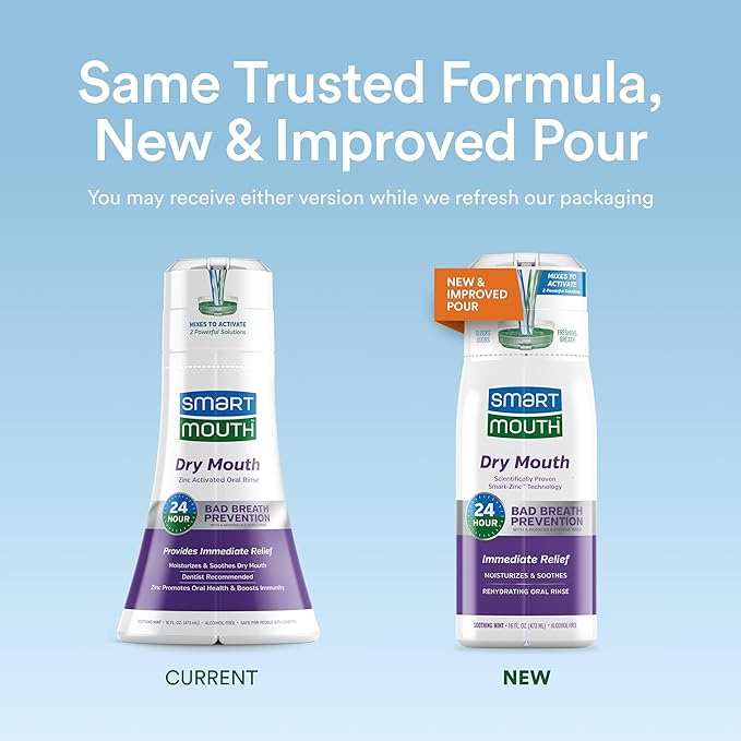 SmartMouth Package with Dry Mouth Activated Mouthwash - 16 Fl Oz Dry Mouth Oral Rinse - Dual-Action Mints, 50 Count - Premium Zinc Ion Toothpaste