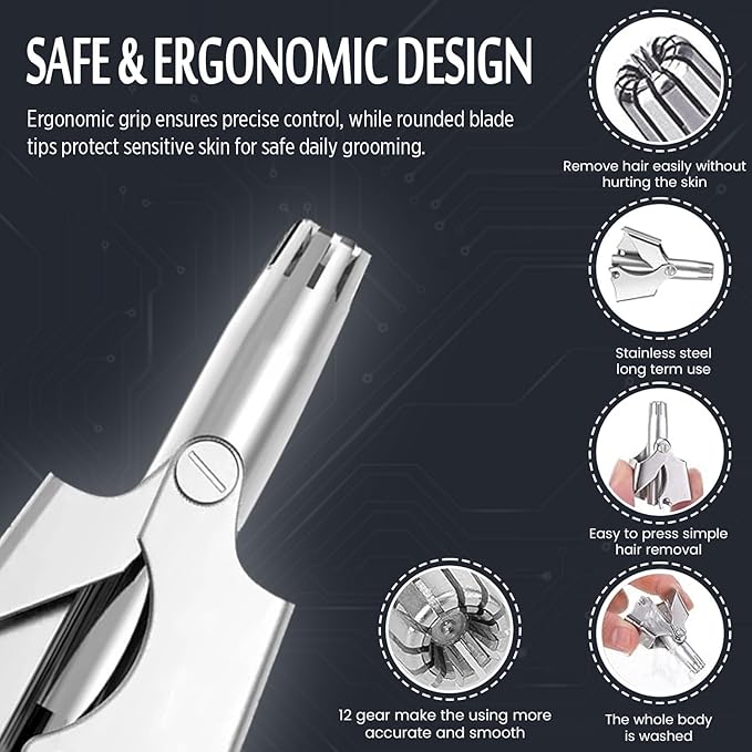 Stainless Steel Hair Trimmer for Men and Women | Manual Nose and Ear Hair Trimmer | Nose Clippers, 360° Rotating Hair Trimmers | Washable Nose Hair Remover | Silver