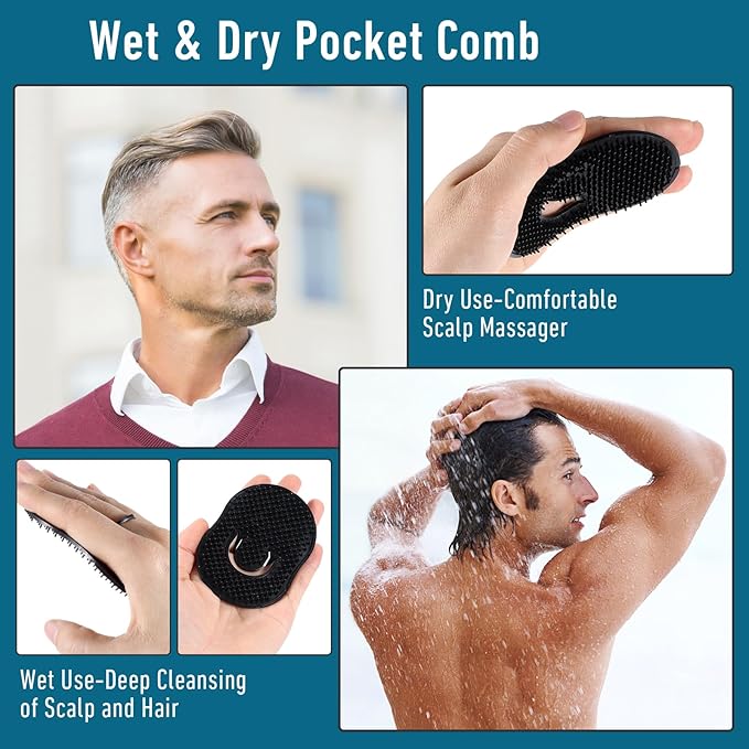 12 Pcs Soft Pocket Combs for Men, Scalp Massage Shampoo and Beard Grooming Wave Palm Hair Brush Scalp Massager Brush Men(Black)