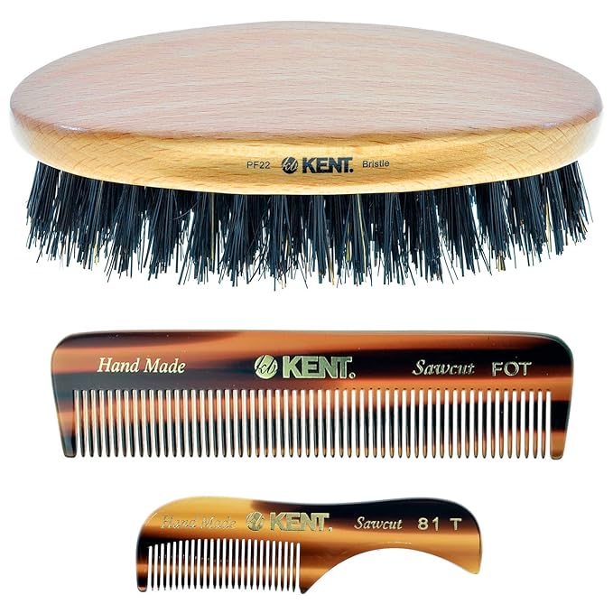 Kent Mens Beard Kit, 81T Extra Small Beard Mustache Comb, Fot All Fine Tooth Pocket Comb and PF22 Oval Palm Hair Brush. Beard and Mustache Grooming Kit for Travel and Home Beard Care. Made in England