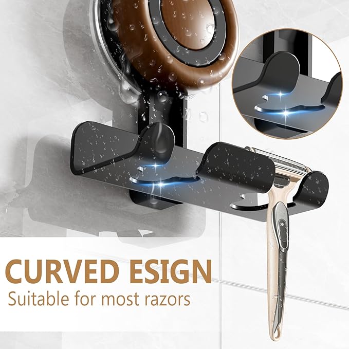 Razor Holder for Shower, Suction Cup Shaver Holder for Wall, Removable&Reusable Suction Cup Hooks for Bathroom, Damage-Free Suction Shower Hooks, Wall Mounted Razor Stand, Black