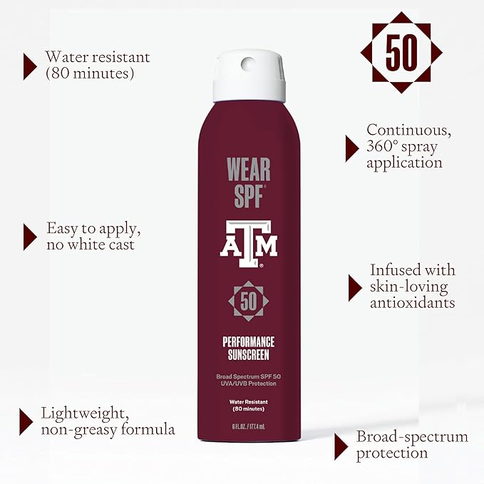 Texas A&M University Aggies WearSPF 50 Performance Sport Sunscreen Spray, 6 Fl oz.