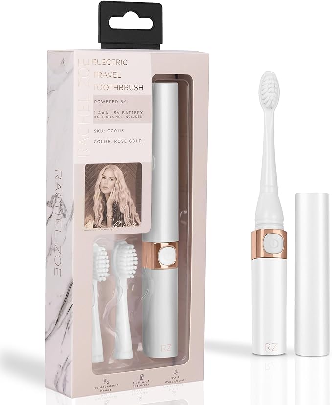 Rachel Zoe Portable Electric Toothbrush for Adults, Battery Operated Compact Sonic Tooth Brush for Trips, Waterproof Travel Toothbrush with Cover, 2 Removable Brush Heads Included, Pink/Rose/Gold