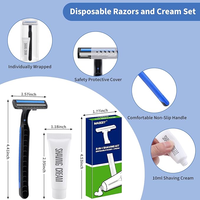 60 Pack Disposable Razors Bulk with Shaving Cream (10g) for Men, Shaving Kit for Men, Twin Blade Disposable Razors and Travel Cream, Individually Wrapped Toiletries for Homeless Shelter Hotel