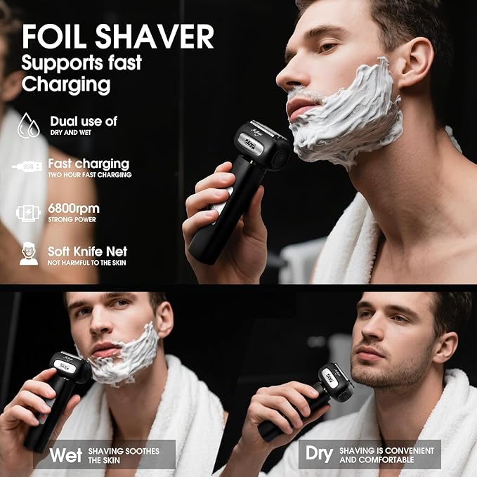 DSP Electric Shavers for Men, IPX6 Waterproof, Type-C, Rechargeable Shaver, 4-Blade Cutting System, Electric Foil Shaver, Travel Lock (Black)