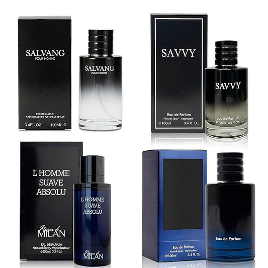 Men's Cologne Gift Set of 4(LhommeSa&Savvy&Salvang&SE) - 3.4 Fl Oz Each | Vanilla Bourbon, Leather & Amber Floral Fragrance | Luxury Eau de Toilette Quartet