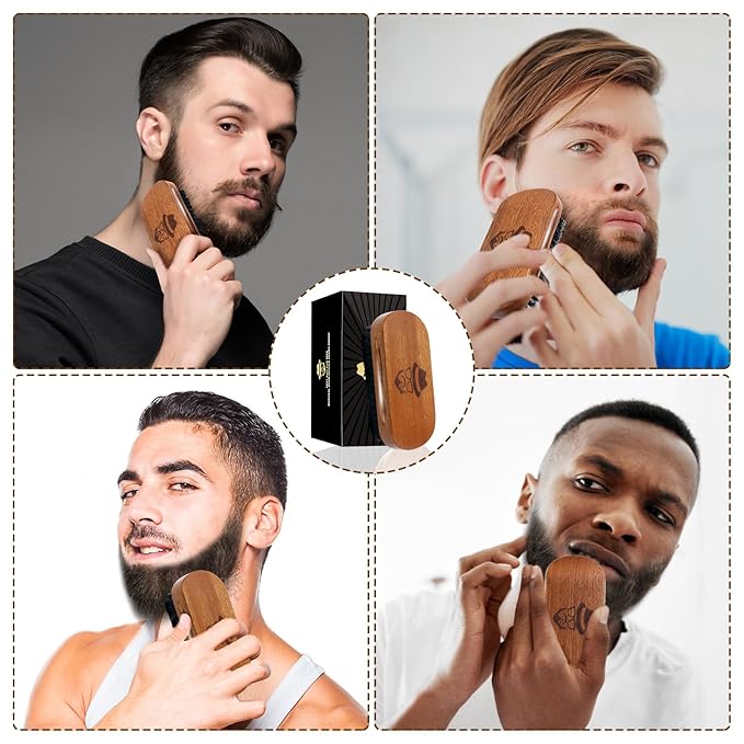 Beard Brush for Men, Boar Bristle Black Walnut Wood Beards and Mustaches Grooming Set Including Pure Boar Bristle Beard Brush, Beard Comb, Mustache Scissors, and Travel Bag