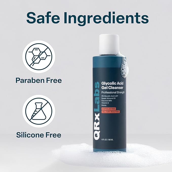 QRxLabs Glycolic Acid Face Wash Gel Cleanser - 10% Glycolic Acid Exfoliating Cleanser - Oil Control Face Wash for Women - Dark Spot Correction Facial Exfoliator - Unscented, 6 Fl Oz, Pack of 1