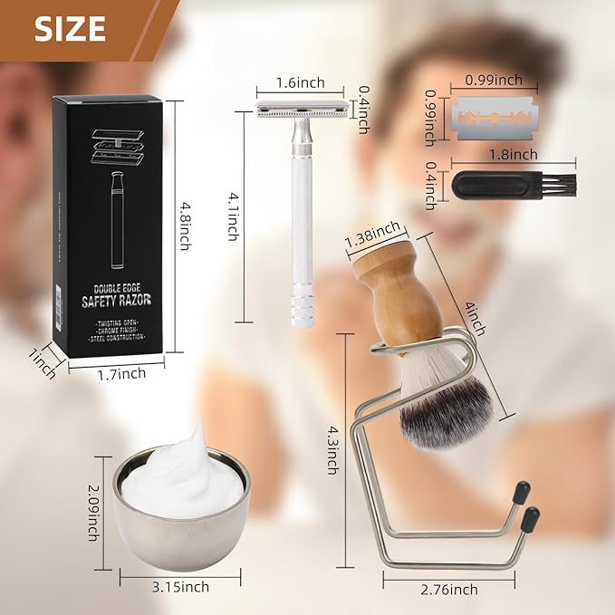 Badger Hair Shaving Brush with Wood Handle,Double Edge Safety Razor,Stainless Steel Shaving Stand and 3 Layers Shaving Bowl Perfect for Men Gift