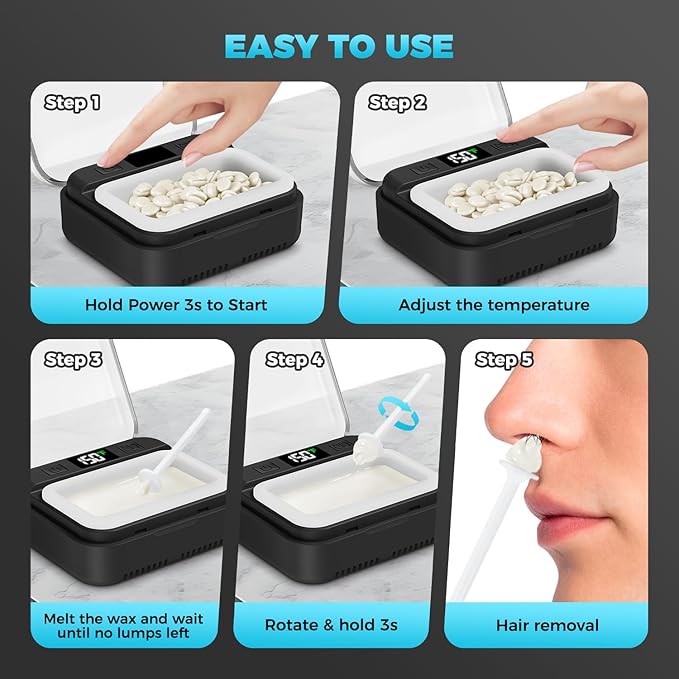 Nose Wax Kit Men,Nose Hair Waxing Kit with Adjustable LED Display,Ear Hair Removal Kit for Men Women 100 g Wax 70 Applicators,Constant Temp,USB Heated,Pocket-Size,Black