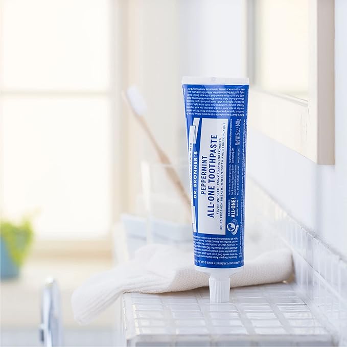 Dr. Bronner’s All-One Toothpaste– Peppermint & Spearmint, 5 oz, 2-Pack– Fluoride-Free Toothpaste for Adults, 70% Organic & Natural Ingredients, Vegan, Helps Freshen Breath, Reduce Plaque, Whiten Teeth