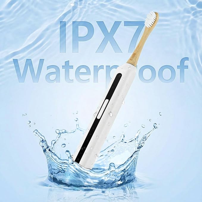 Bamboo Electric Toothbrush丨Rechargeable Electric Toothbrush with 4 Bamboo Heads, Soft Castor Oil Bristles,5 Moedes&3 Intensities, 45 Days Battery Life, IPX7 Waterproof-White