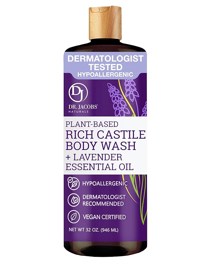 Dr. Jacobs Naturals Pure Castile Soap Liquid Body Wash, Lavender - Plant Based Soap Infused with Vitamin E and Aloe Vera to Moisturize Dry and Sensitive Skin - Made in The USA - 32 oz, Pack of 1