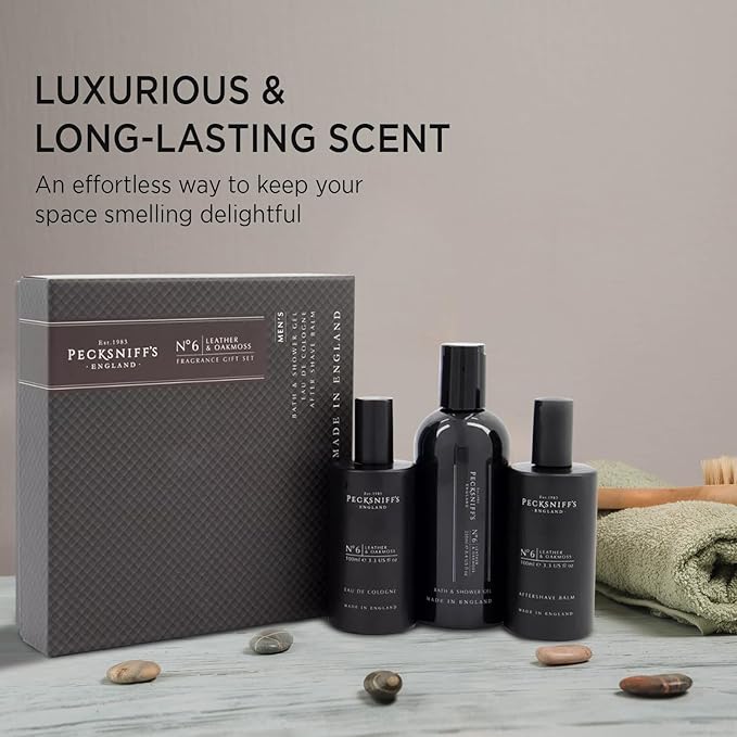 Pecksniff's Fragrance Gift Sets Luxurious, Handcrafted in England (Men's Leather & Oakmoss: Eau de Cologne, 3-in-1 Bath & Shower Gel, After Shave Balm)
