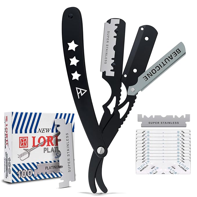 BEAUTICONE Straight Razors for Men, Straight Edge Razor, 100 Single Edge Blades, Stainless Steel, Barber Razor for Men's Shaving, Barber Shaving Knife, Swinglock
