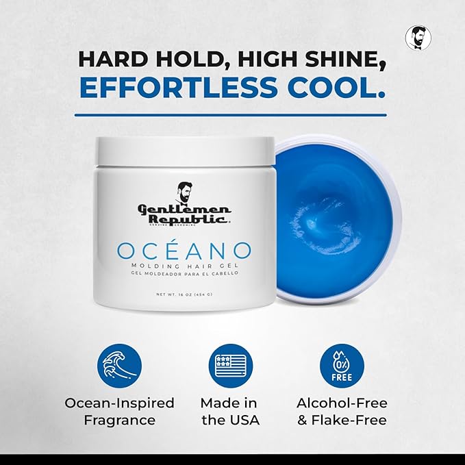 Gentlemen Republic Oceano Men's Hair Gel 16oz - Strong Touchable Hold and High Shine Styling Gel for Hair, 100% Alcohol-Free Professional Formula with Fresh Scent, Mens Hair Product Made in USA