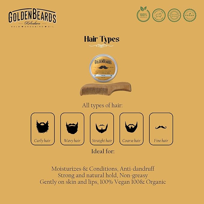 Golden Beards Moustache Wax & Eco Wood Vegan Comb Kit – Medium Hold Wax with Lime Scent & Eco Wood Comb 2.5 in – Handmade, Vegan, Cruelty-Free Moustache Styling Set