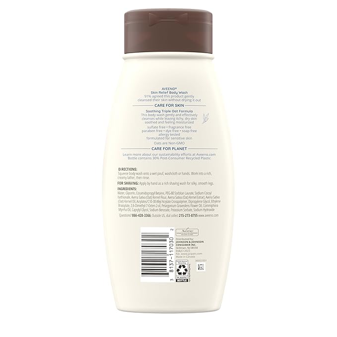 Aveeno Skin Relief Fragrance-Free Body Wash with Triple Oat Formula, Gentle Daily Cleanser for Sensitive Skin Leaves Dry Skin Feeling Moisturized, Sulfate-Free, 18 fl. oz, 2 Pack