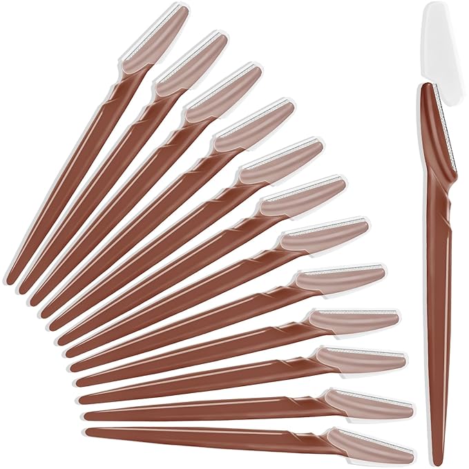 HFATMOS 12 Pcs Eyebrow Razors, Face Razors Multipurpose, Exfoliating Dermaplaning Tools, Eyebrow Trimmers Shaver with Protective Cover, Facial Hair Removal for Women Men Body Use (Brown)