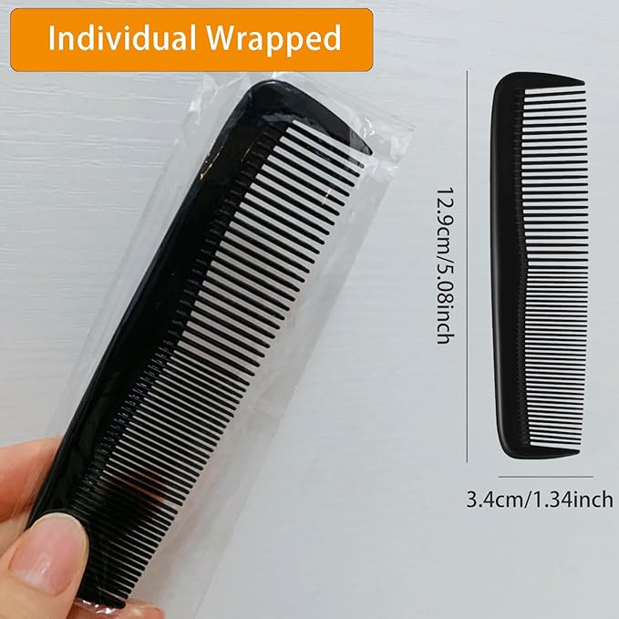 50pcs Hair Combs Bulk, Individually Wrapped, Black Pocket Hair Comb Set Fine Tooth Dressing for Women/Men, Travel, Hotel, Airbnb, Operation Christmas Child Shoeboxes, Homeless, Shelter, Charity