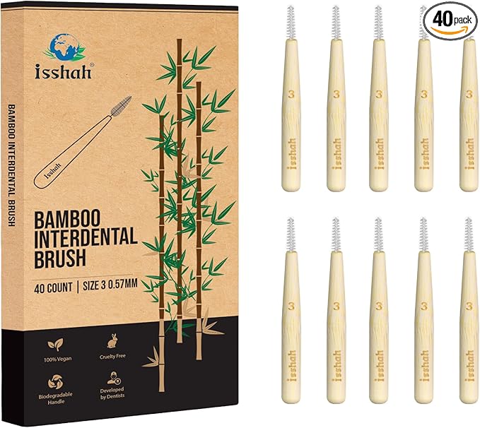 Bamboo Interdental Brushes, Between Teeth Cleaner Deep Clean Brush, 40 Count, Size 3, Medium Gaps