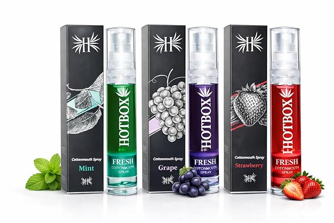HOTBOX Fresh Cottonmouth Spray, Mint Grape Strawberry Flavors, Mouth Freshener (3 Pack-Variety)