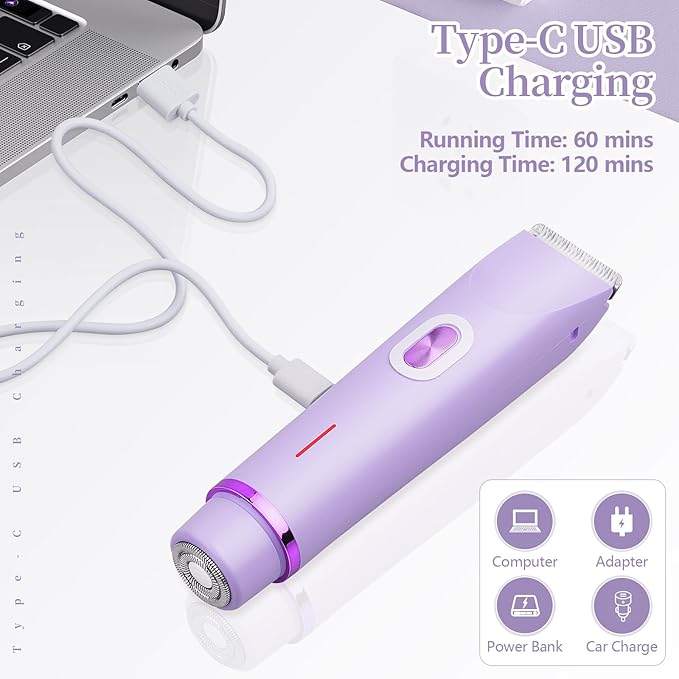 Ladies Electric Razor, 2 in 1 Dual Head Shaver Women, Bikini Trimmer for Women Personal Body Face Leg Arm Hair USB Charge Waterproof Wet and Dry (Purple)