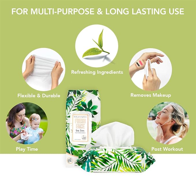 Body Prescriptions Tea Tree Facial Wipes, Moisturizing, Deep Cleansing Face Towelettes, Refreshing + Nourishing, Gentle Cleansing Cloths, 50 Count (Pack of 3), Tea-Tree