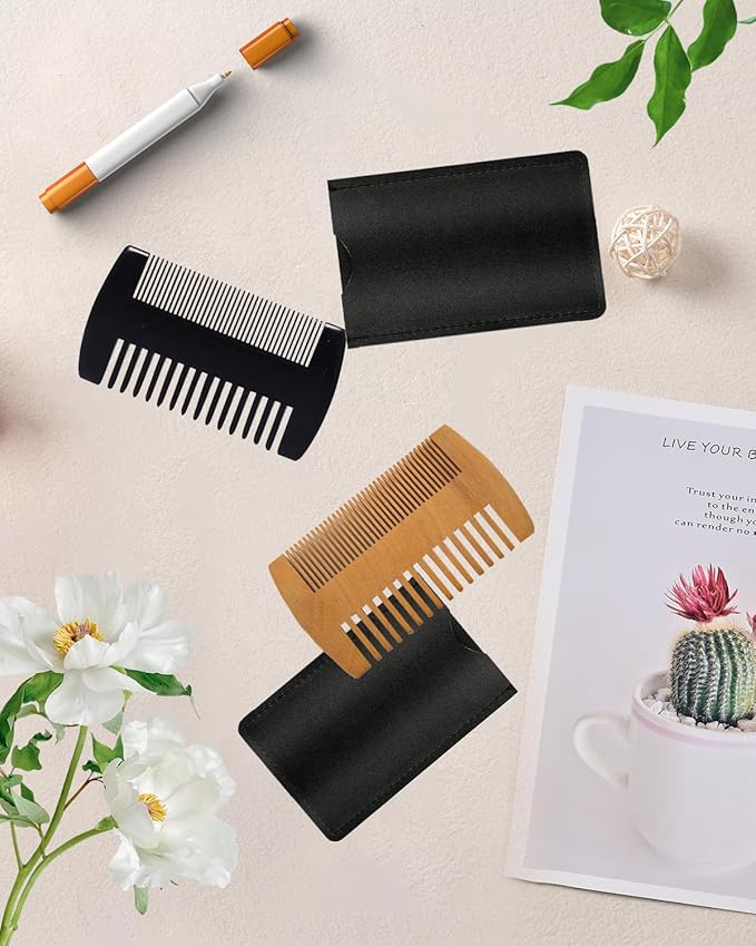 4 Pack Double-Sided Pocket Comb, Wooden Dual Action Beard and Mustache Comb Set with Leather Cases for Beards and Mustaches, Everyday Styling Comb For Detangling Knots, Beard Care & Grooming