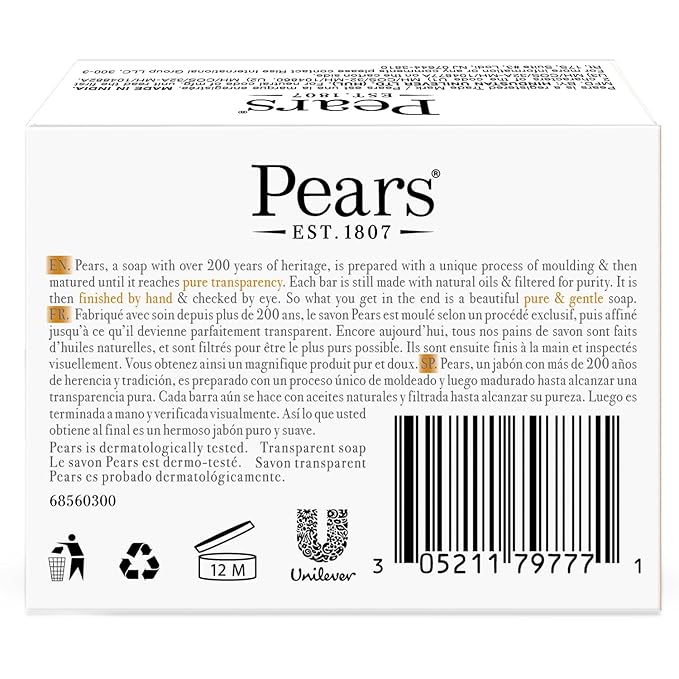 Pears Soap, Pure & Gentle with Natural Oils, 12-Pack – Transparent Amber Glycerin Soap for Pampered, Glowing Skin, 3.53 Oz Ea