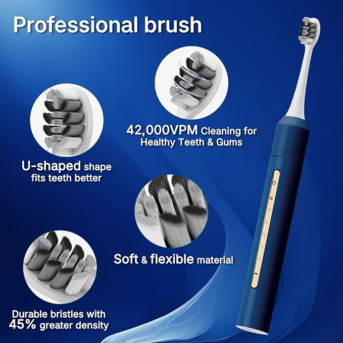 Sonic Electric Toothbrush for Adults & Kids - 10 Brush Heads, 90-Day Battery, 5 Modes, 2-Min Timer, IPX8 Waterproof, Rechargeable & Travel-Friendly (Blue)