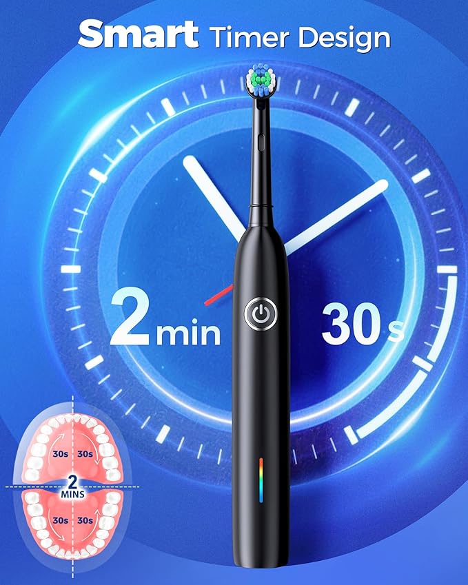 Rotating Electric Toothbrush with 8 Brush Heads for Adults and Kids, 3 Modes Rechargeable Power Toothbrush with 2-Minute Smart Timer, 45-Day Battery Life