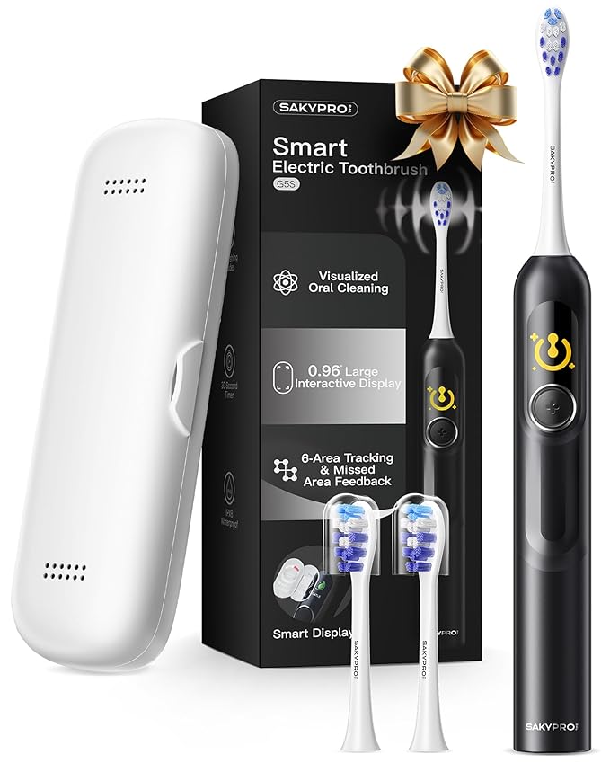 AI Electric Toothbrush with Smart Display for Adults Kids | 150-Day Rechargeable Toothbrush, Real-Time Map |3-Min Timer, Travel Case | Teens Sonic Toothbrush Gift (G5S Black)