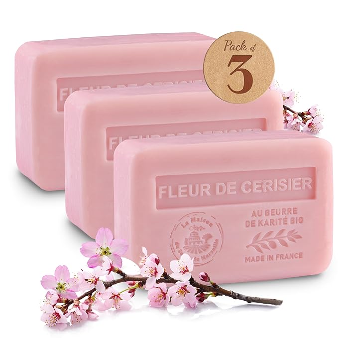 Cherry Blossom Soap Bars 3xPack – Enriched With Organic Shea Butter - 97% Natural Ingredients - Traditionally Made - French Milled in Provence - Gentle For Skin – 3x8.8 oz - La Maison Du Savon