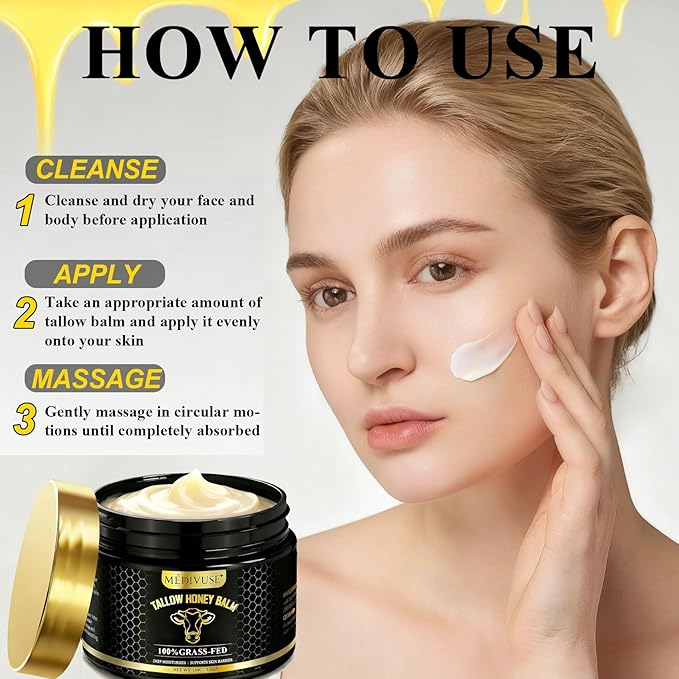 MediVuse Tallow and Honey Balm - 100% Grass-Fed Beef Tallow for Skin with Organic - Deeply Moisturizing Beef Tallow for Face Body - Natural Formula Care for Dry & Sensitive Skin(5.3 OZ), Raw Honey