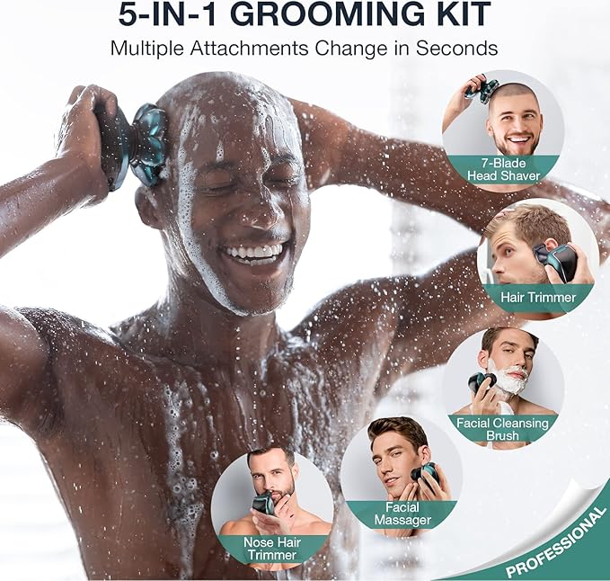 Head Shavers for Bald Men: 5-in-1 Electric Razor - Waterproof Wet Dry Shaving - Professional Grooming Kit for Balder - Rechargeable Head Shavers (Dark Green)
