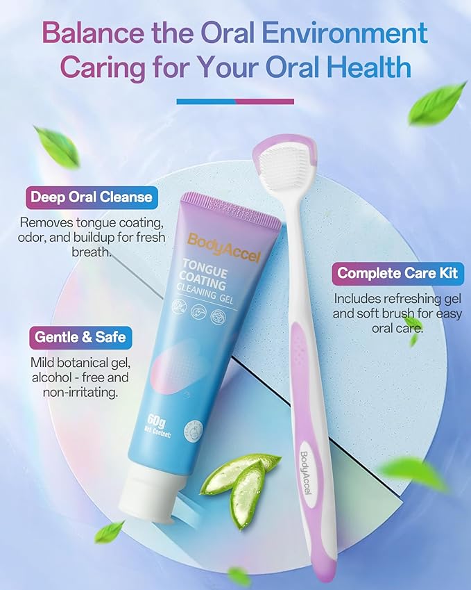 BodyAccel Silicone Tongue Cleaner for Adults, Soft & Gentle Tongue Brush and Scraper, Helps Remove Bad Breath, Flexible Non-Slip Handle for Comfortable Control