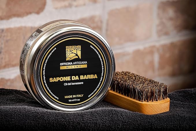 Officina Artigiana Milano Traditional Shaving Soap 150 ml – Luxury Italian artisan wet shaving bar with 40% wellness oils & shea butter – almond‑scented – vegan skincare