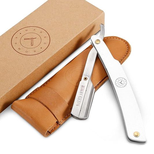 Best Shavette Straight Razor - Replaceable Blade Straight Razor, Metal Handle Shavette, No Stropping or Honing, Great For Beginners, Starter Blade, Hygienic, Close Shave, Leather Case (Silver)